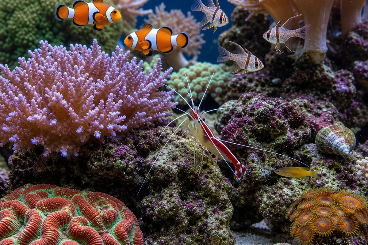 A reef aquarium showing fish and cleanup crew invertebrates alongside coral colonies