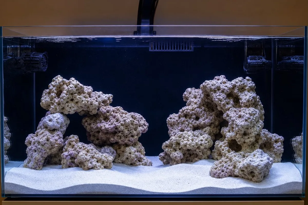 A newly set up reef aquarium with live rock and sand, before corals have been added