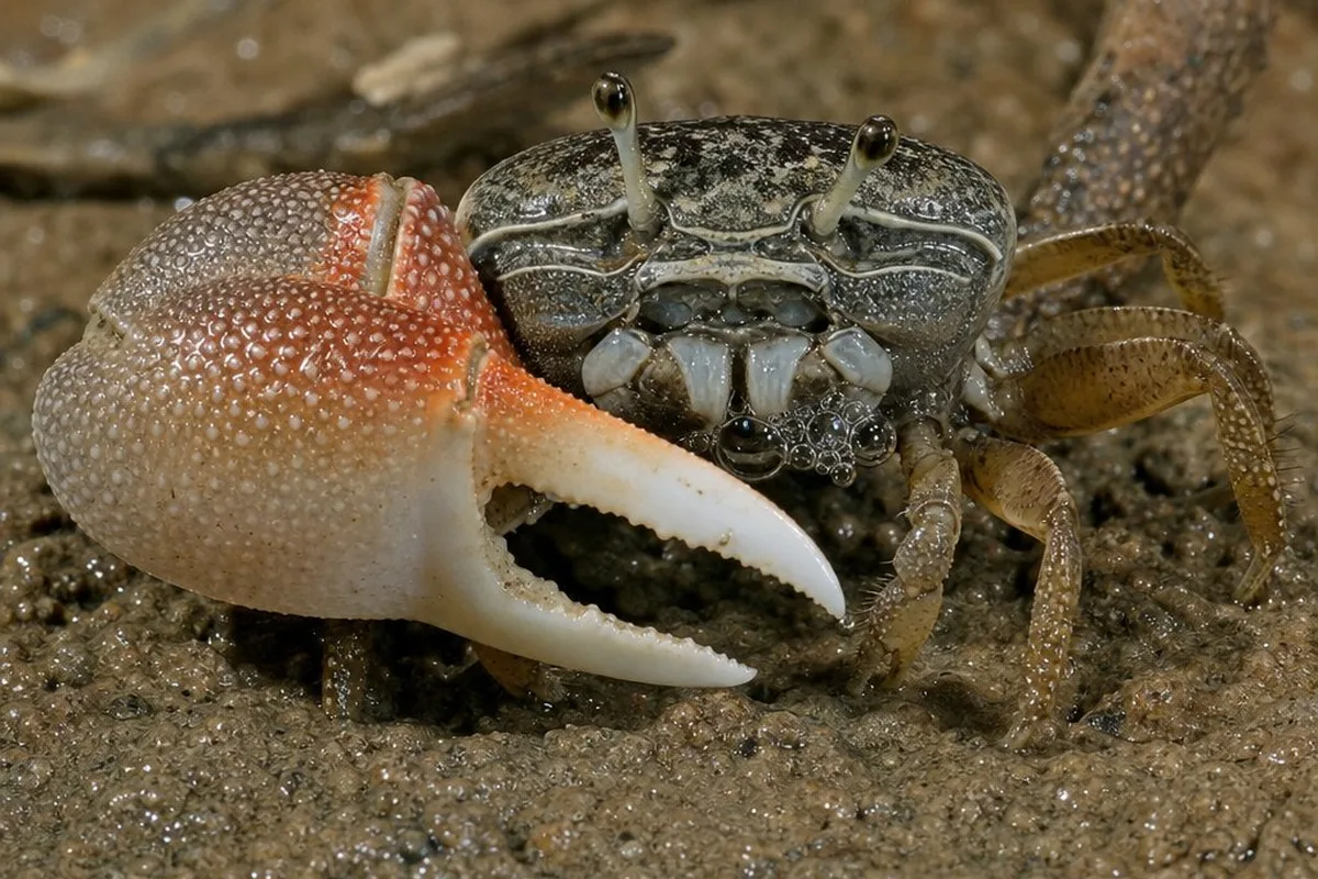A fiddler crab on damp sand with small bubbles visible near its mouthparts