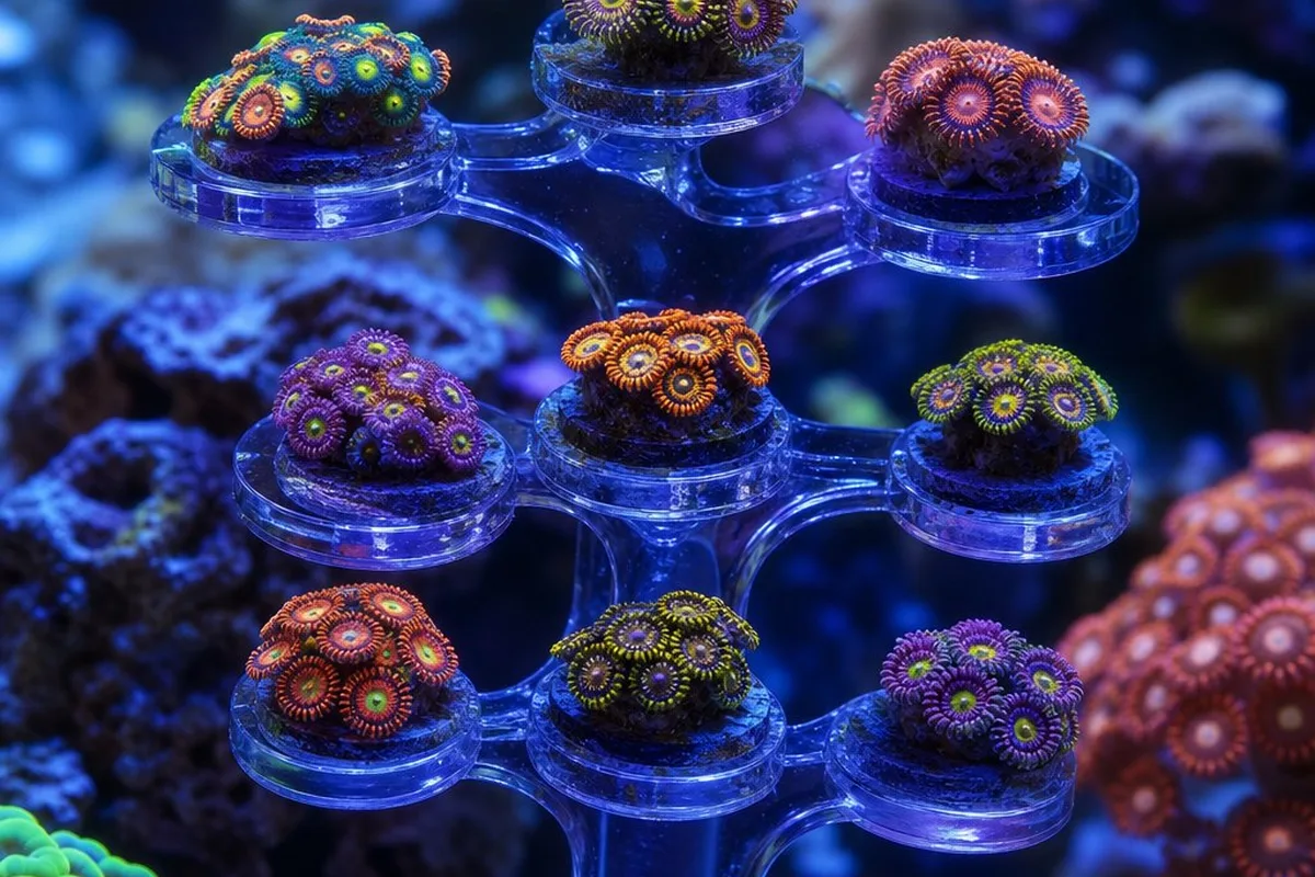 A branching acrylic frag rack, often called a zoanthid tree, holding multiple colorful zoanthid frags